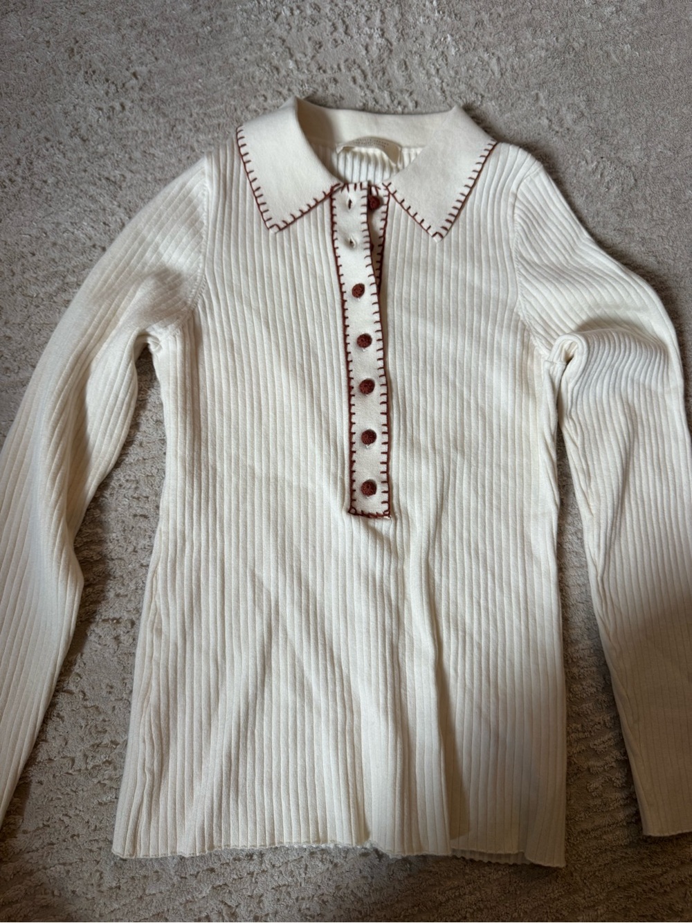 Sezane Cream Ribbed Polo Sweater with Brown Trim - Picture 2 of 4